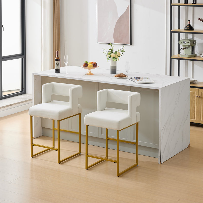 Upholstered 26'' Counter Stool with Metal Frame (Set of 2), White, Gold