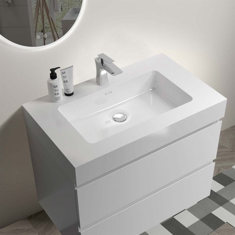 Meuble-lavabo mural flottant avec lavabo et rangement, Blanc, Blanc