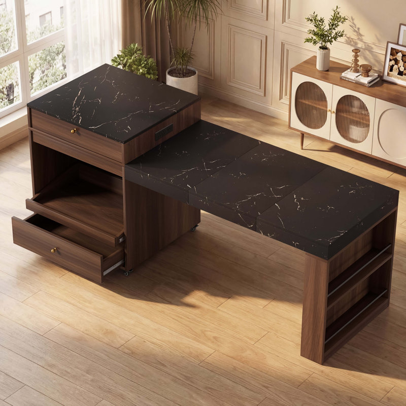Îlot de cuisine 78,8 po avec table de salle à manger extensible à 3 niveaux, Noyer