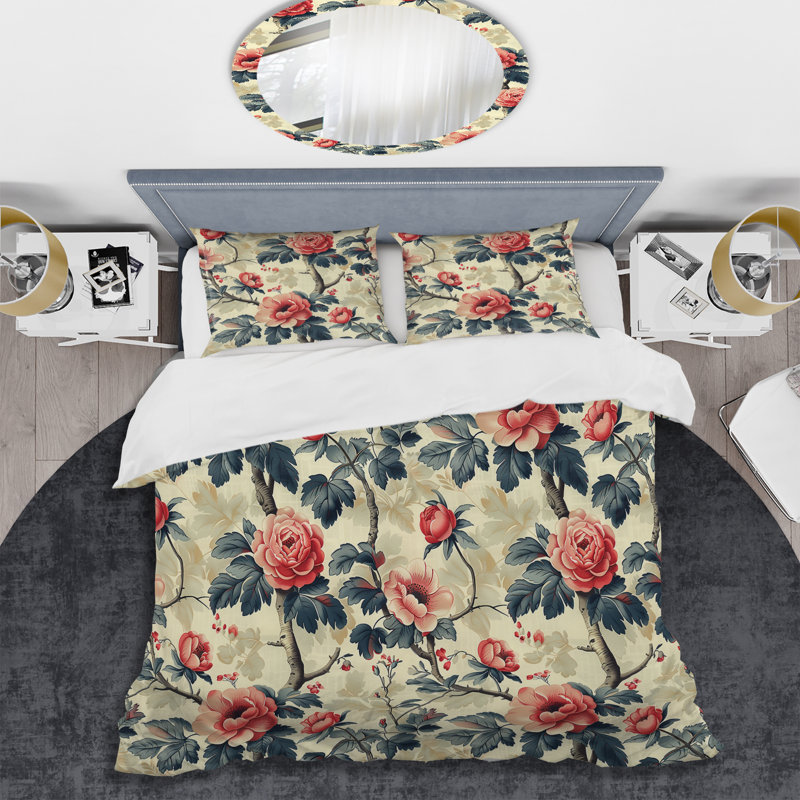 Ensemble de housse de couette moderne rose et vert Garden Dreams IV, Housse de couette très grand + 2 très grandes ta