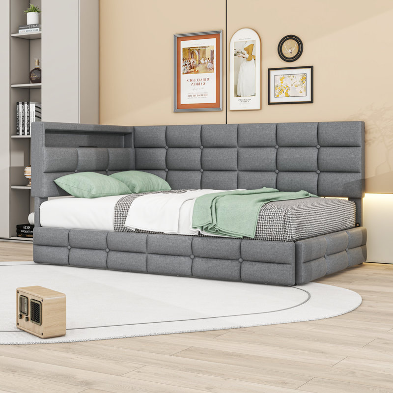 Lit de jour simple rembourré avec tiroirs de rangement, lumière DEL et port USB, Gris