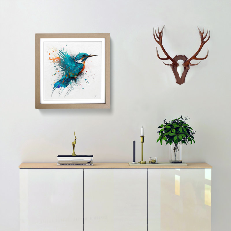 Kingfisher Splatter Art - Framed Print, Oak