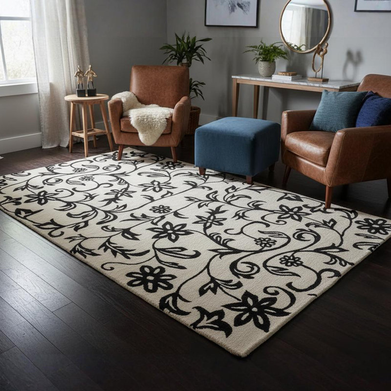 Tapis floral en laine à grande échelle touffeté à la main noir et blanc Ailey Authentic, 8 pi x 10 pi