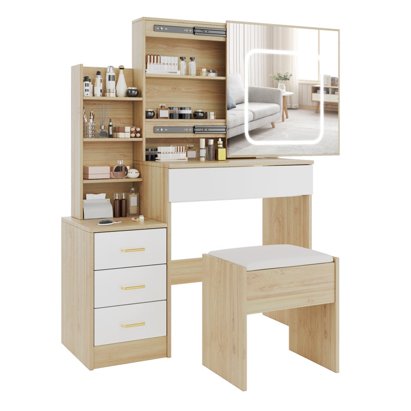 Vanity Desk with Sliding Mirror and Lights, Makeup Vanity Set with 4 Drawers, 3 Color Adjustable Lighting Modes, Makeup Dressing Table for Bedroom