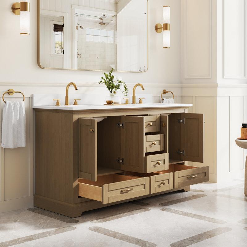 Meuble-lavabo sur pied l 60 po x H 34,2 po avec comptoir en marbre de culture blanc et lavabo, chêne, Chêne, Doré, 60"
