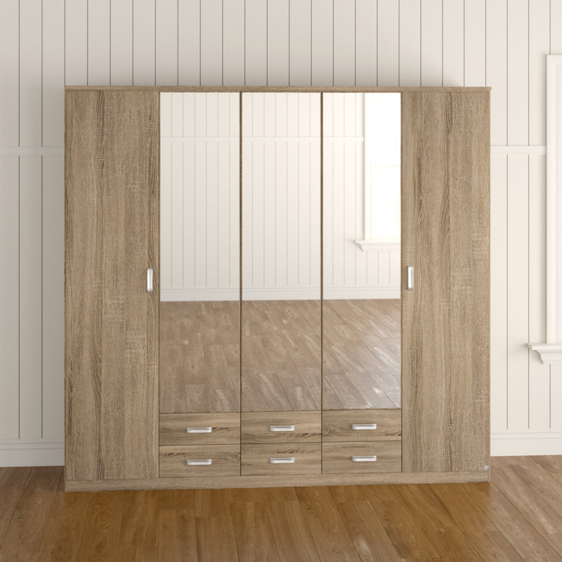 Gandra 5 Hinged Door Wardrobe 226 cm Oak Sonoma 6 Drawer, Mirror INCL. Delivery and Assembly