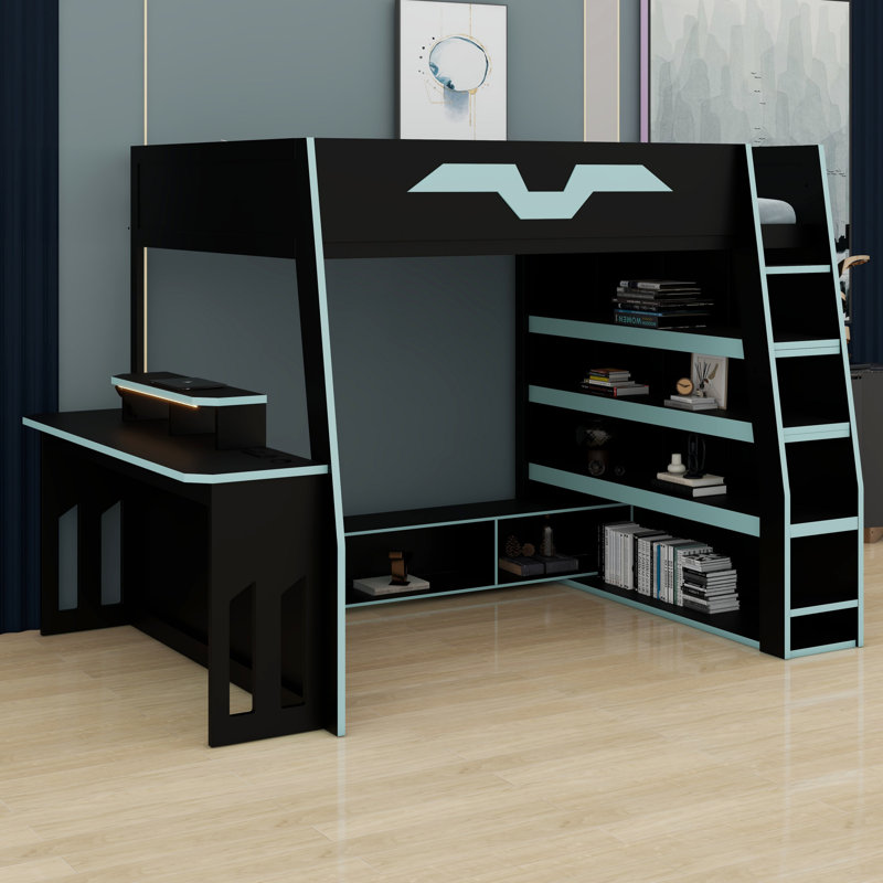 Lit mezzanine en bois peu encombrant avec bureau, tablettes de rangement et lumière DEL RVB, Bleu