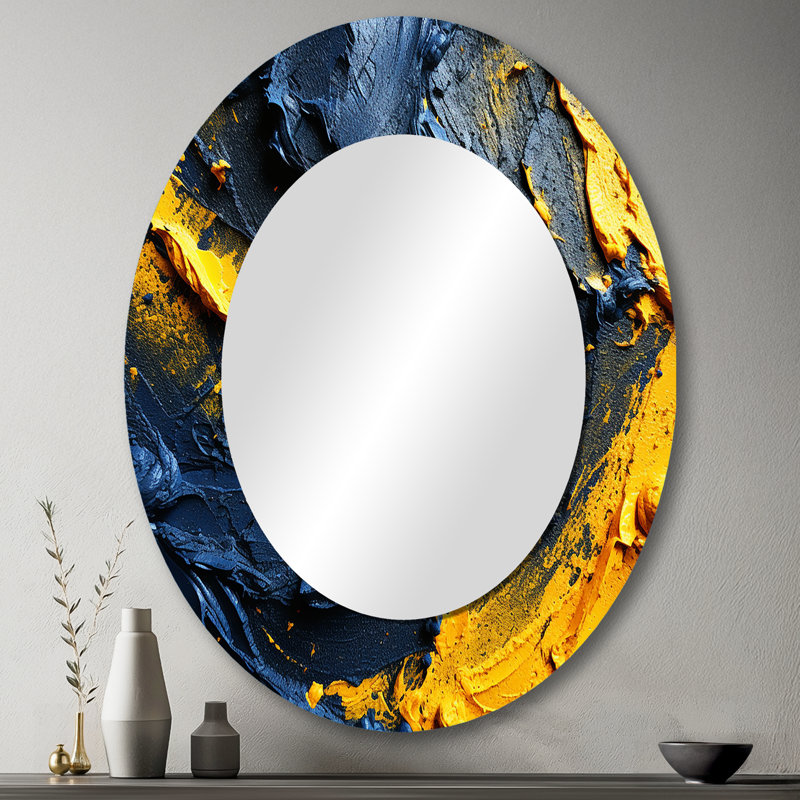 «Rough Love Slavic», peinture abstraite jaune bleu I - décor de miroir mural ovale bleu, 43 po x 33 po