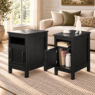 Ensemble Alisma de 2 tables d'appoint de style champêtre, tables de chevet avec couvercle rabattable, étagère ouverte et porte d'armoire, table d'appoint étroite et table de chevet pour salon et chambre