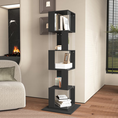 360° Rotating 5-Tier Bookshelf with Acrylic Plate, Modern Black Floor Standing Display Rack for Living Room and Office