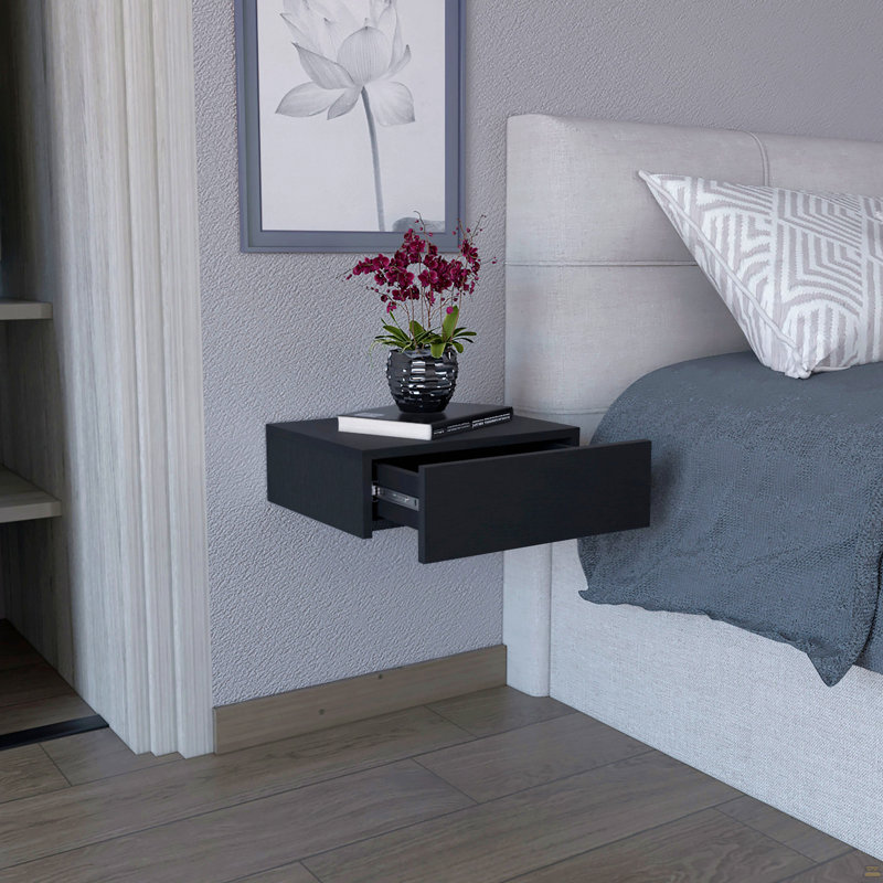 Table de chevet flottante, table de bout, table d'appoint murale avec tiroir, Noir