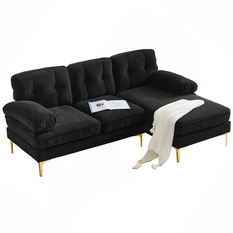 Luxury Velvet Upholstered L-Shaped Sofa with Sturdy Frame and Cloud-Like Comfort, Perfect for Modern and Retro Decor., Black