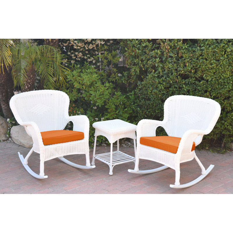 Windsor Resin Wicker Rocker Chair And End Table Set With Cushions, Orange, White