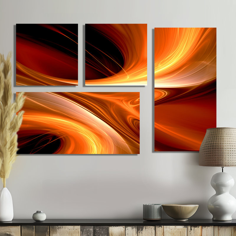 «Orange Abstract Warm Fractal Design II», art mural moderne 4 pièces, Toile tendue, Ne s’applique pas
