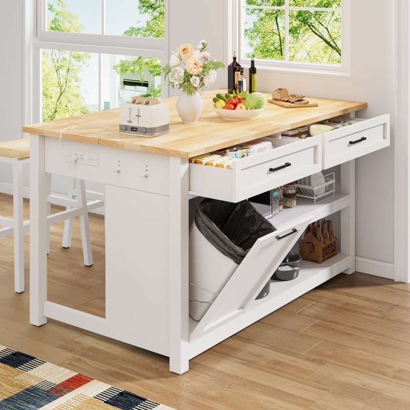 Îlot de cuisine de 47 pouces avec poubelle et sièges, 2 tabourets de bar, prise électrique, sièges et 2 grands tiroirs, White