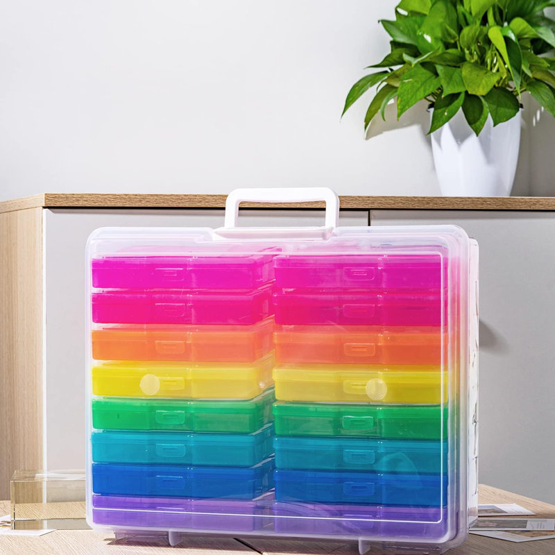  Transparent 4" x 6" Photo Cases and Clear Craft Keeper with Handle - 16 Inner Cases Plastic Storage Container Box (Multi-coloured)