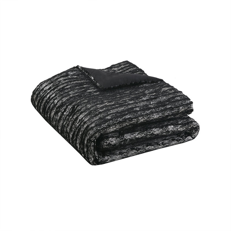  Metallic Print Faux Fur Comforter Set, Twin/Twin XL Comforter + 1 Standard Sham, Black/Silver