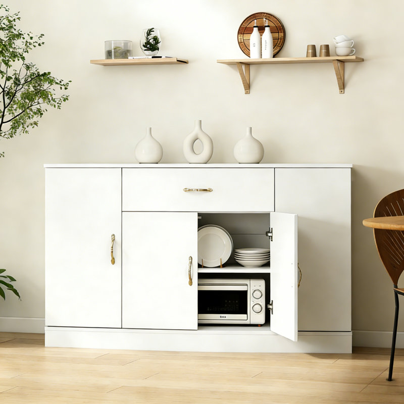 Buffet blanc moderne minimaliste avec accents dorés - Buffet élégant pour salle à manger et café