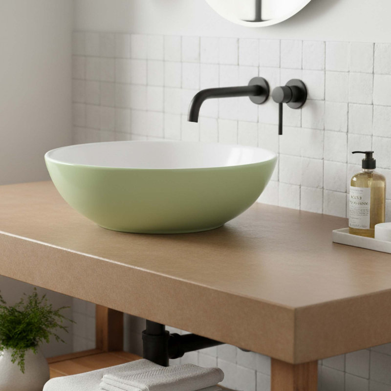 Lavabo de salle de bain vasque rond en céramique 16 po - Conception de bol intérieur texturé moderne en vert sauge, Vert
