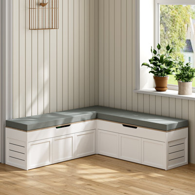 Banc de coin en L pour chaussures avec rangement de grande capacité et coussins optionnels en plusieurs couleurs