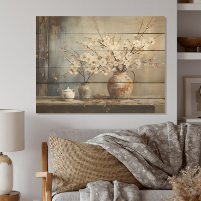 Poterie et fleurs, art mural sur bois de pin naturel