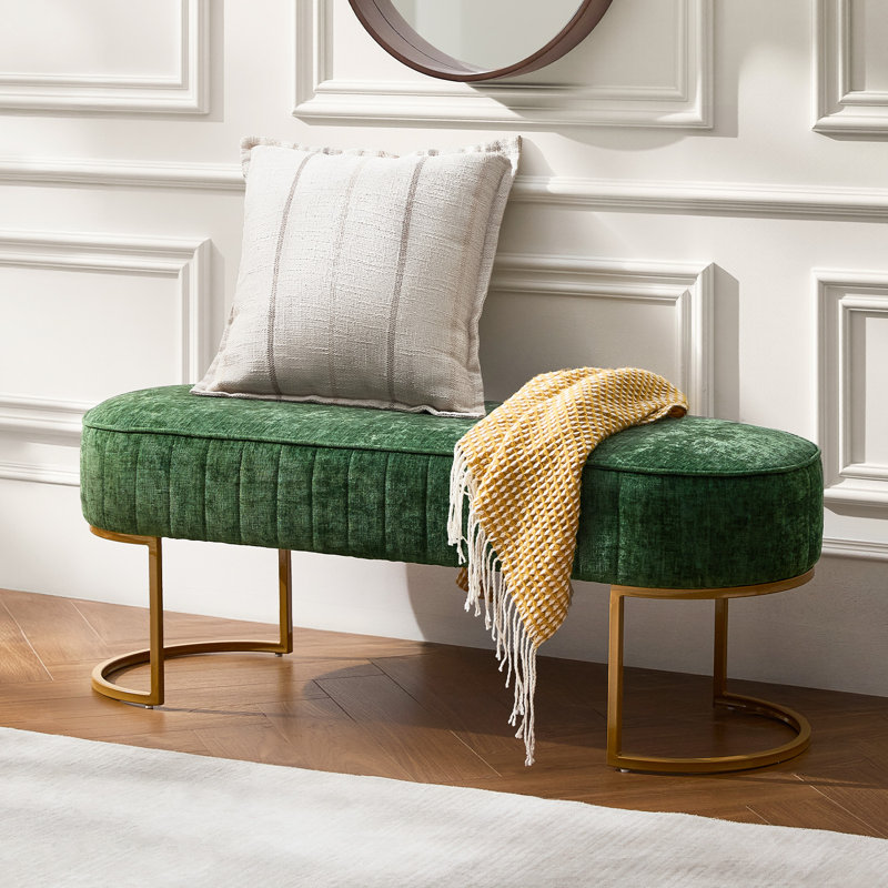 Banc rembourré en polyester 46 po avec coussin capitonné et base en métal Ferdinand Lawanda, Vert