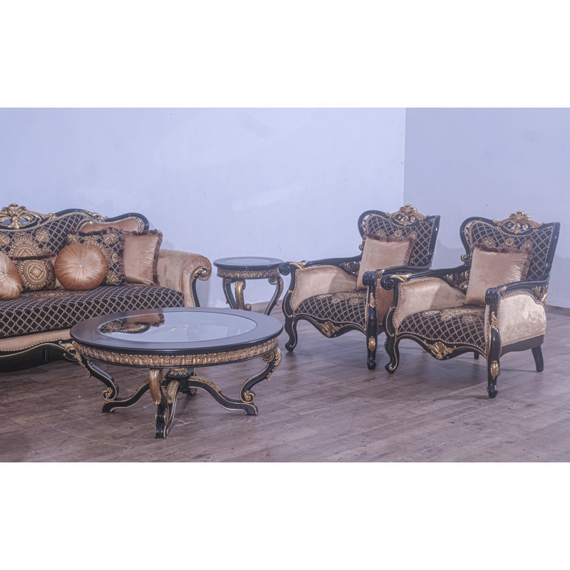 Living Room Set, Black/Gold Linen Blend, Brown