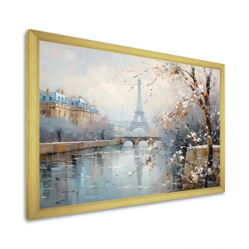 Hiver Paris, Tour Eiffel, charme de ville I - Paris, art mural, Cadre doré à coins fermés, H 16 po x l 32 po x P 1 po