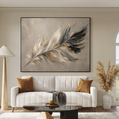 Très grand art mural imprimé sur tissu - Décoration de chambre à coucher botanique minimaliste plume brun clair - "Assemblage requis (cadre non fini)"
