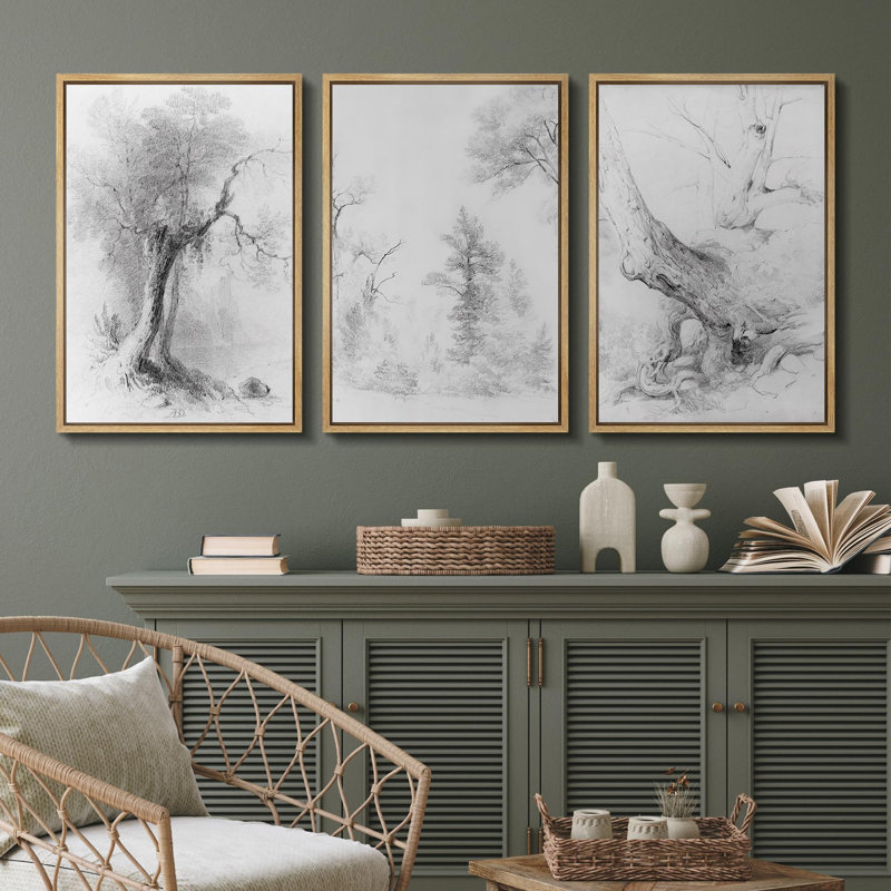«Arbre éthéré, forêt, dessin au trait, paysage naturel, illustrations, art moderne, décor rustique et relaxant», 3 pièces
