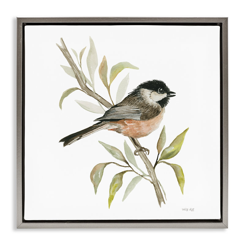 «Sparrow on Branch» par Cindy Jacobs, Cadre flottant gris lustré, H 18 po x l 18 po x P 1,7 po