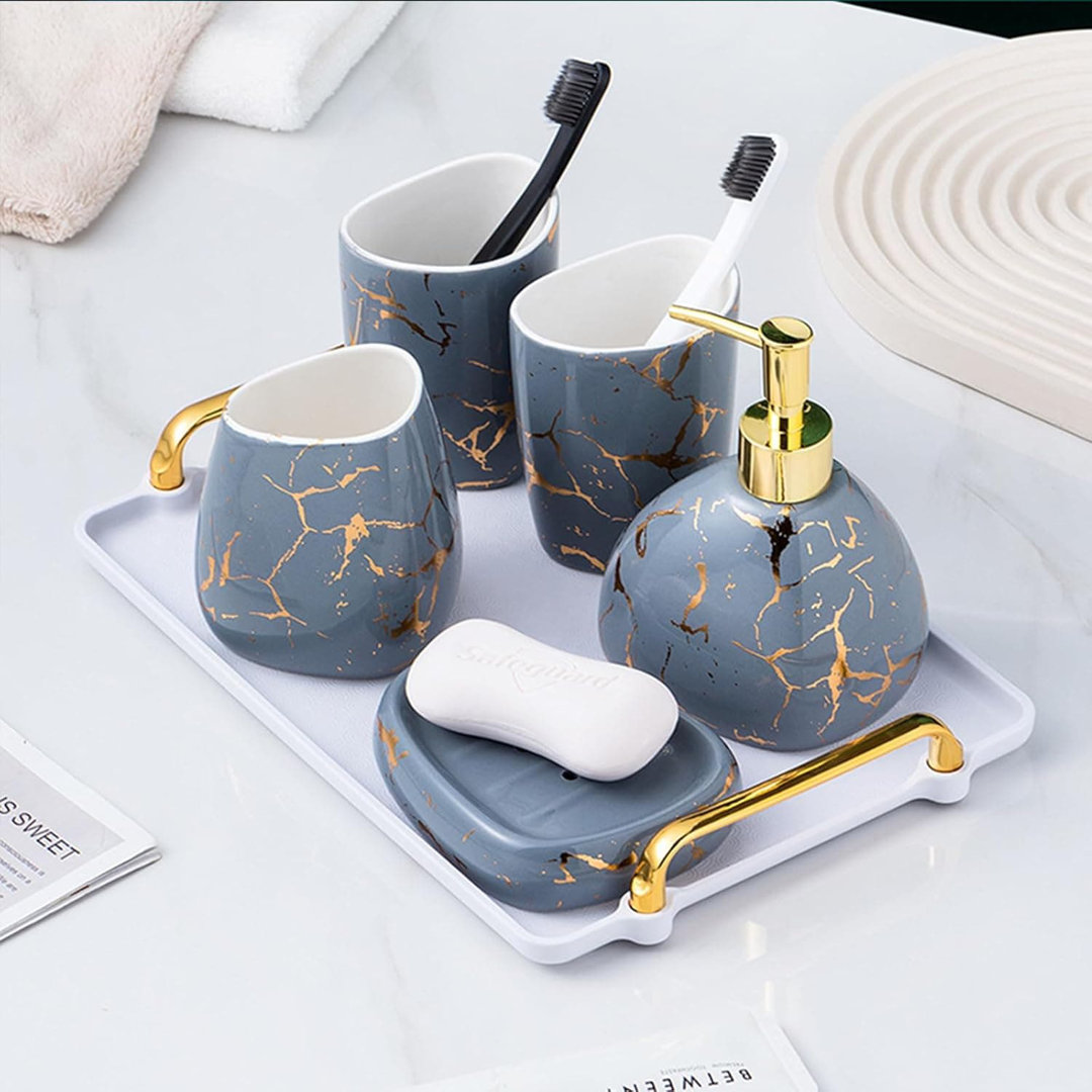 6-Piece Modern Ceramic Bathroom Set: Soap Dispenser, Toothbrush Holder, Tumbler, Tray