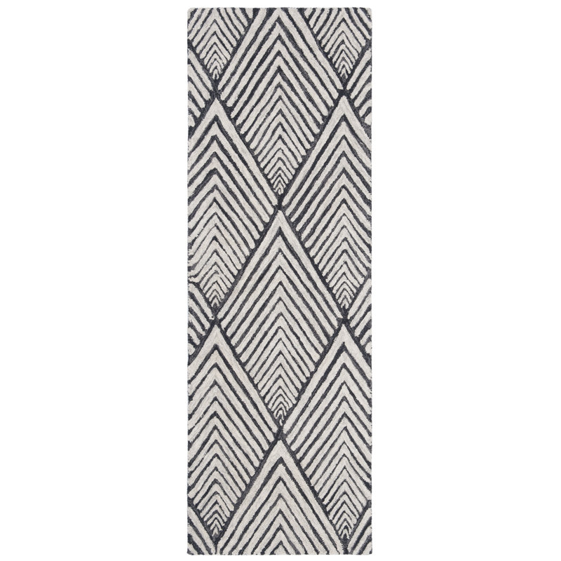 Rossville Geometric Handmade Tufted Wool Charcoal/Ivory Area Rug, Runner 2'6" x 9'