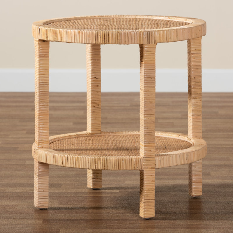 Bella Natural Mahogany Wood and Rattan 2-Tier Round Accent Table