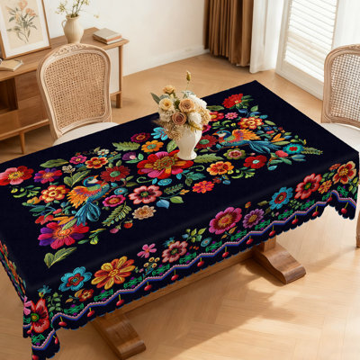 Floral Pattern Design Washable Black Polyester Tablecloth