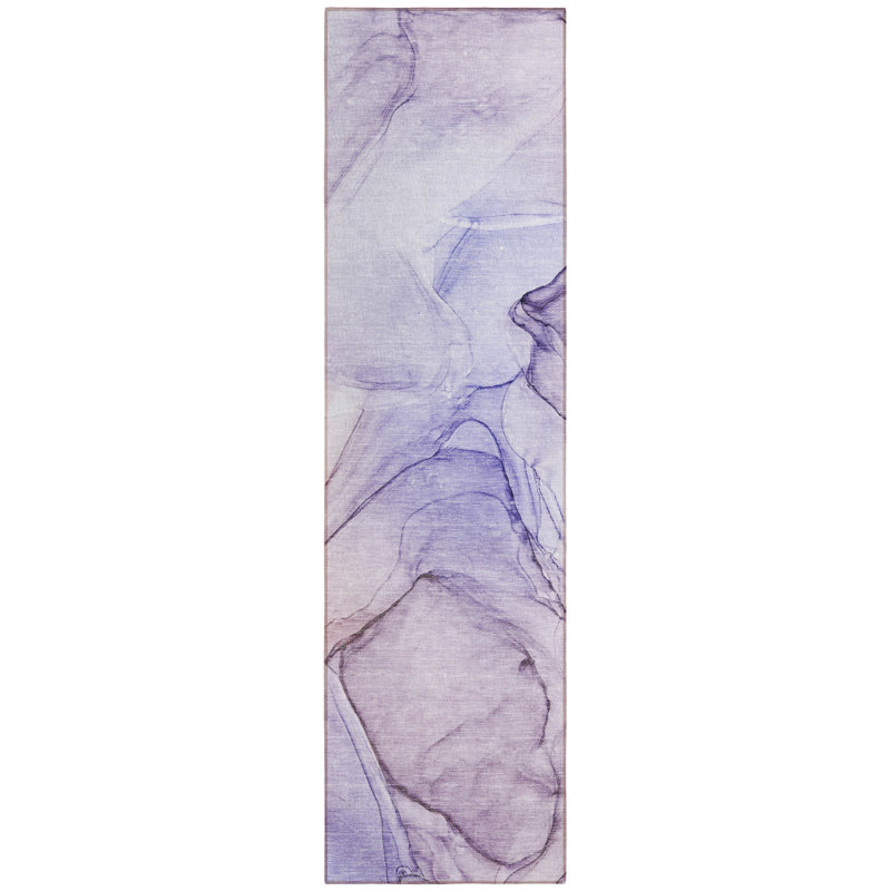 2' X 8' Gray and Purple Abstract Washable Non Skid Indoor Outdoor Runner Rug