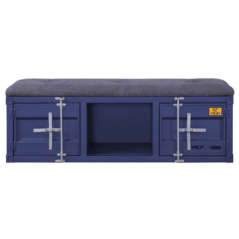 Blue Metal Storage Bench with Gray Fabric Seat