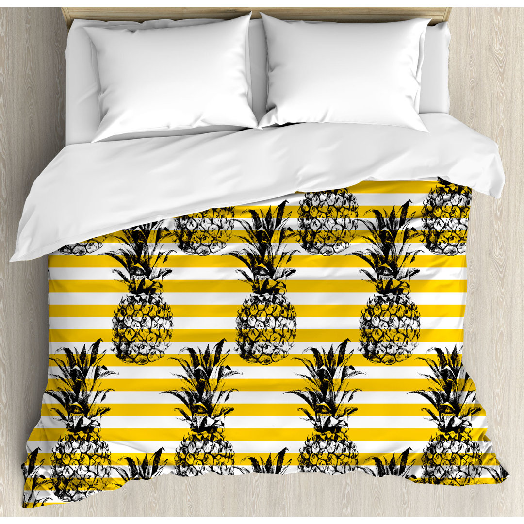 Grunge Retro Striped Background with Pineapple Figures Vintage Hippie Graphic Duvet Cover Set Ambesonne 