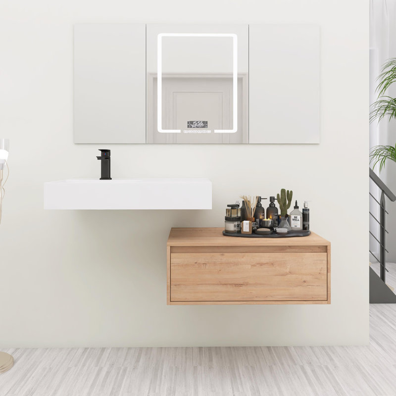 Meuble-lavabo mural simple 30 po avec lavabo en résine, tiroir à fermeture en douceur, fixation à flotteur