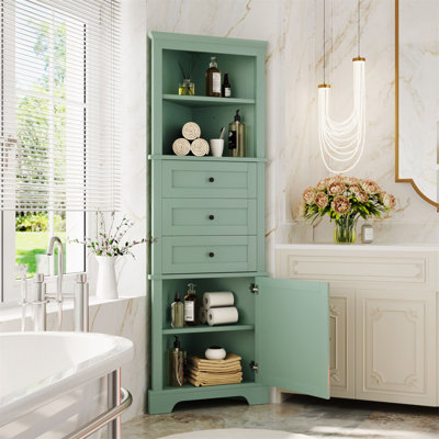 Green Triangle Tall Cabinet With 3 Drawers And Adjustable Shelves For Bathroom, Kitchen Or Living Room, MDF Board With Painted Finish