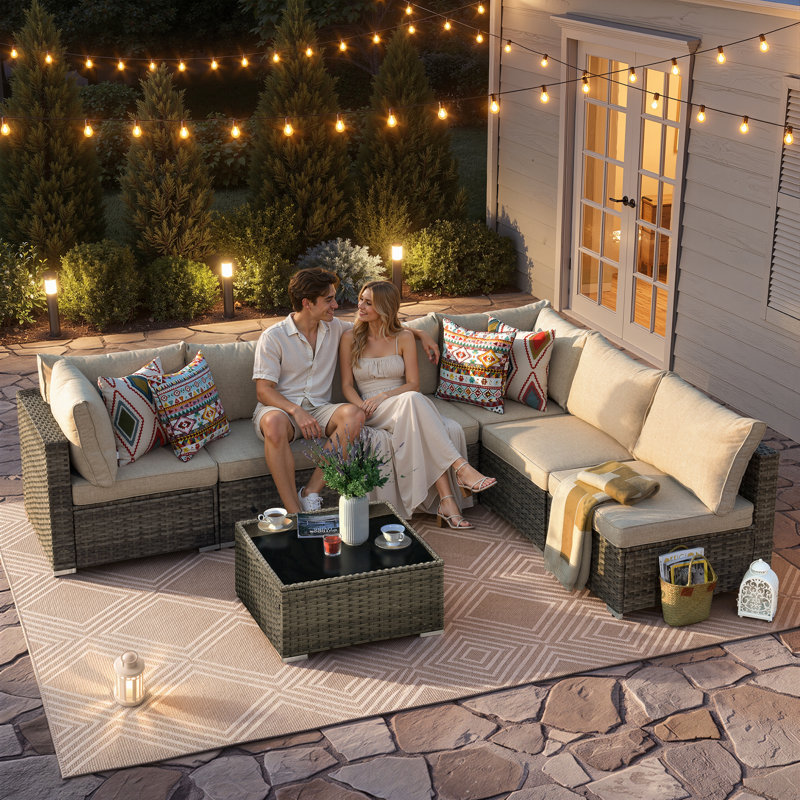 6 - Person Modular Patio Conversation Set with Cushions, Beige
