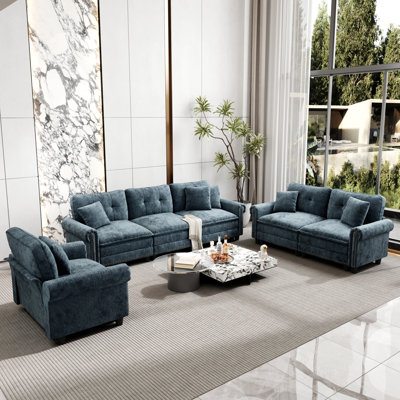 Ensemble de canapé modulaire rembourré 3 pièces avec garniture cloutée, ensemble de canapé surdimensionné avec canapé, causeuse et fauteuil
