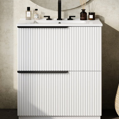 Meuble-lavabo blanc de 30 po avec mécanisme de fermeture en douceur, trous de robinet pré-percés de 8 po et finition brillante dans une palette de couleurs, configuration à deux tiroirs, fonction de déversement
