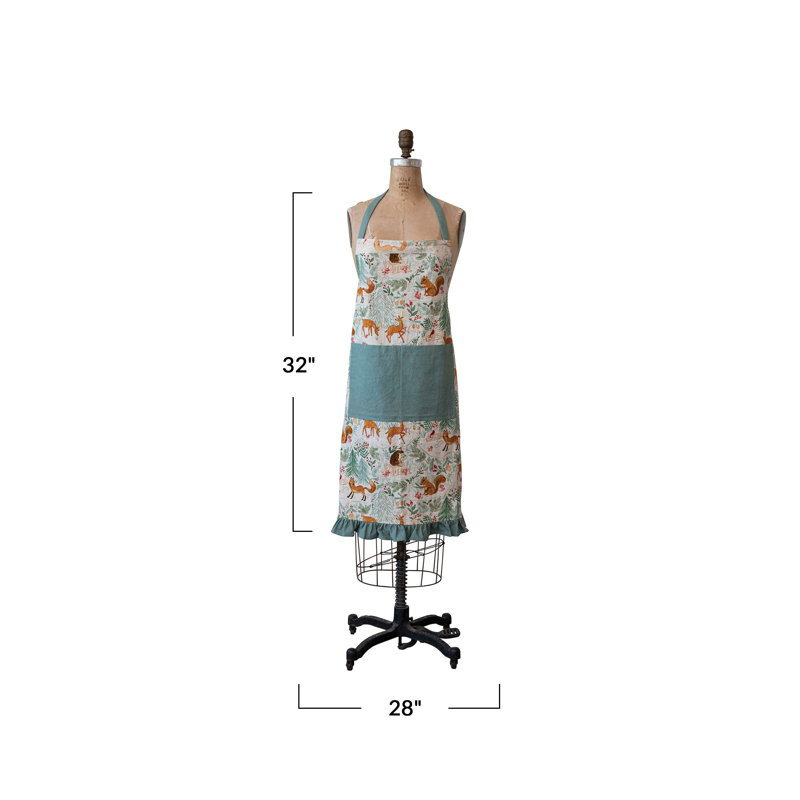 Cotton Printed Apron With Woodland Flora And Fauna Pattern, Pockets And Ruffle