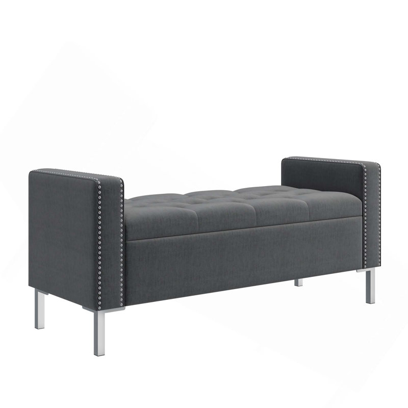 Banc de rangement carré à accoudoirs carrés avec garniture cloutée en étain et assemblage facile à connecter