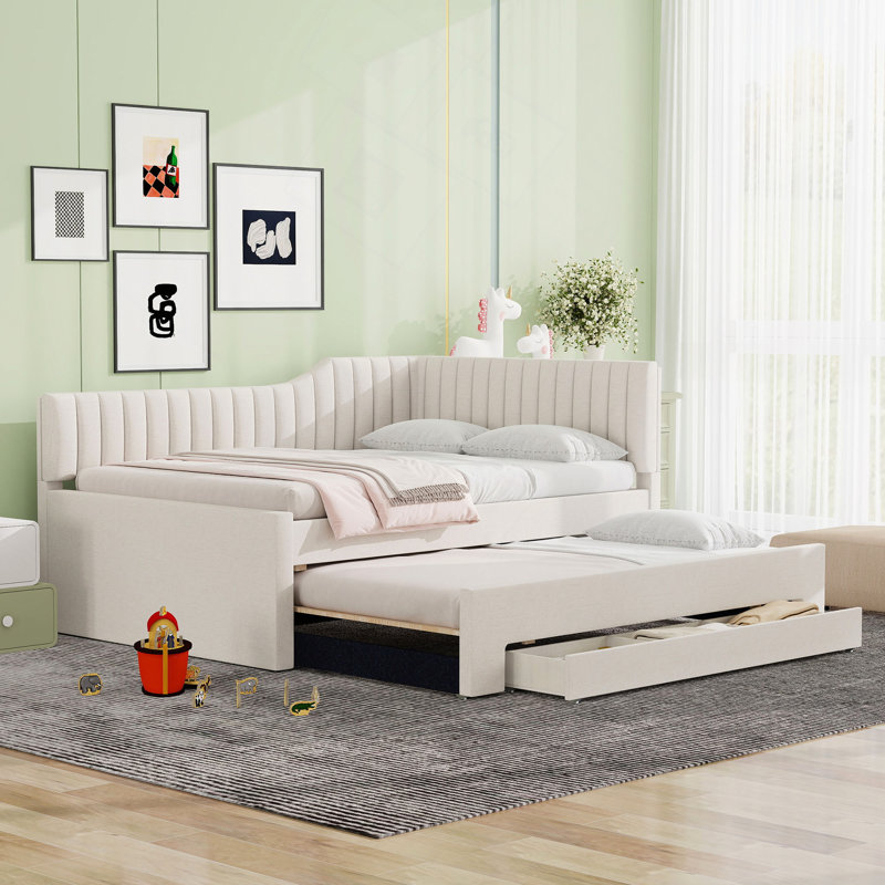 Upholstered Daybed With Trundle And Three Drawers, Beige, Full/Double