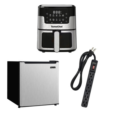 Dorm Room Kitchen Kit With 1.7-Cu. Ft. Stainless Steel Mini Fridge, 5.3-Qt. 10-In-1 Smart Air Fryer &  6-AC Outlet Power Strip With 3-Ft. Cord