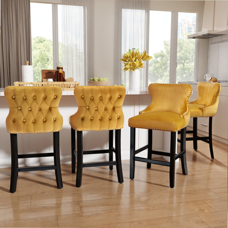 Velvet Upholstered Wing-Back Solid Wood Bar Stools (Set of 2), Yellow