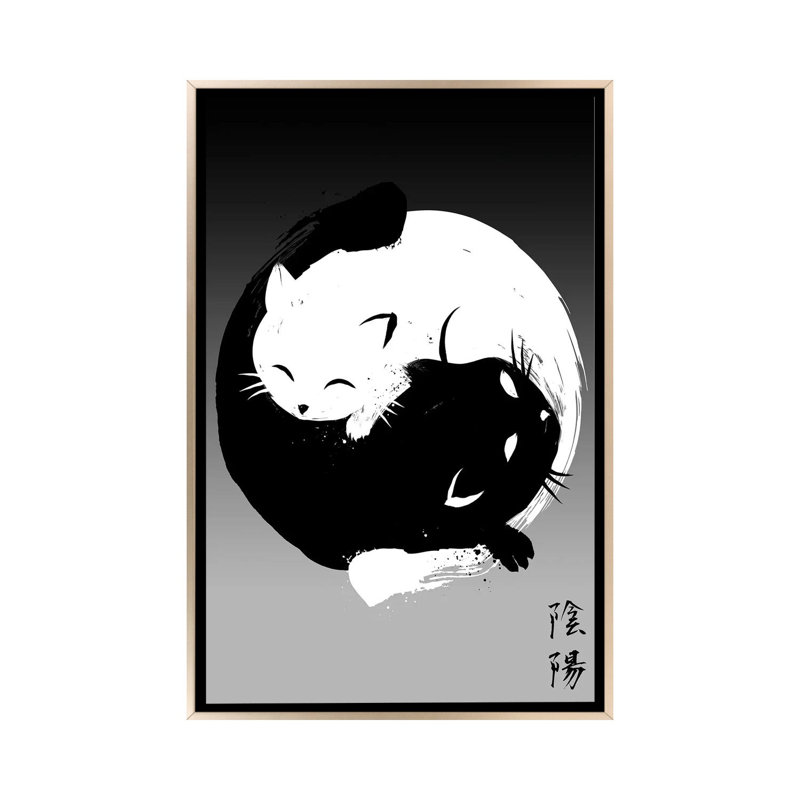 Yin Yang Cats, No Mat, 48" H x 32" W x 1.5" D, Champagne Floater Framed Canvas