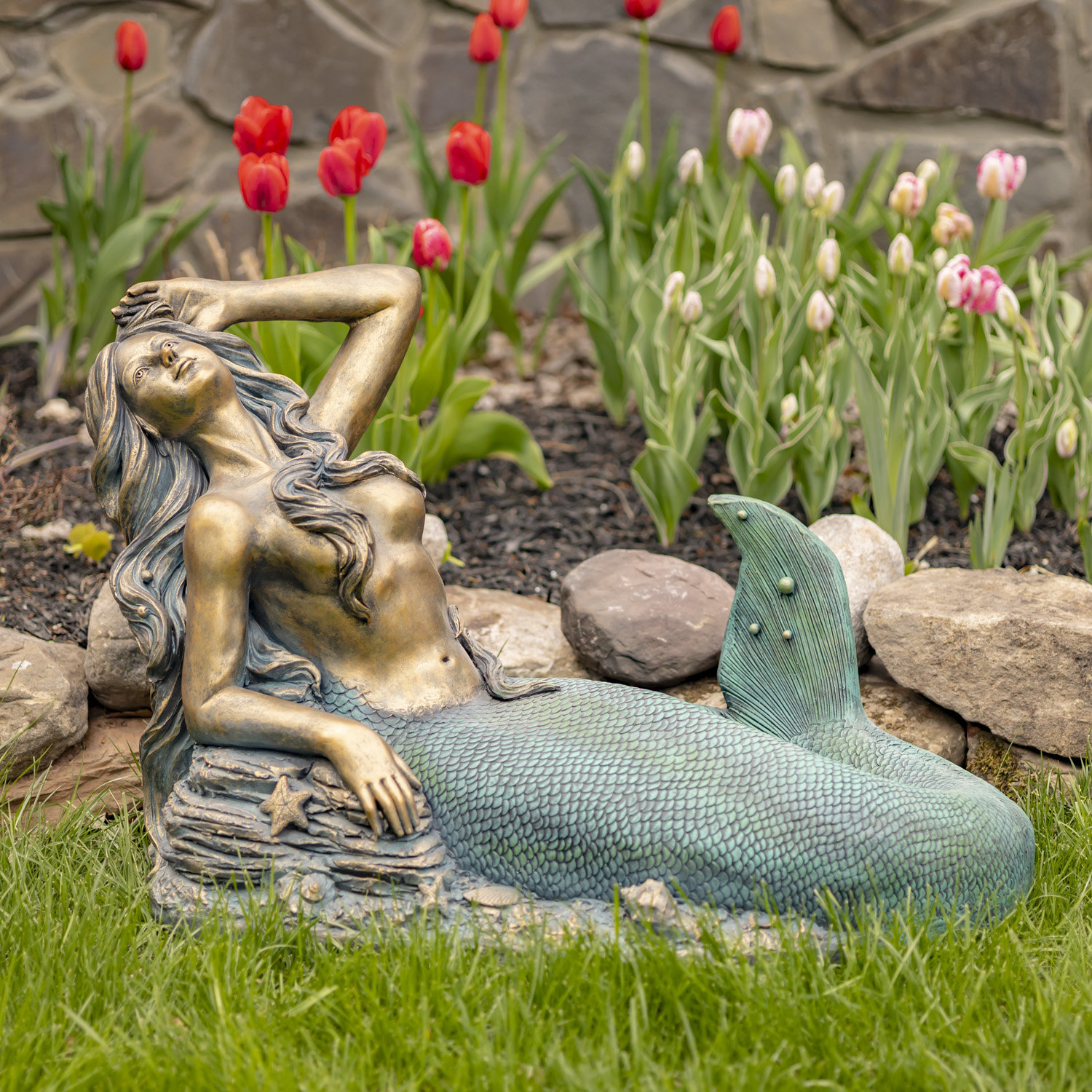 Trinx Sunbathing Mermaid Magnesium Garden Statue | Wayfair 